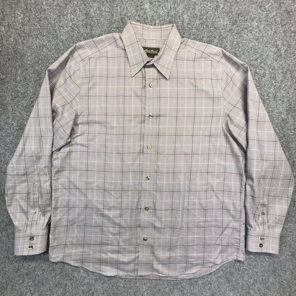 Eddie Bauer Plaid Button Down Shirt Mens‎ L Brown Blue Cotton Wrinkle Resistant